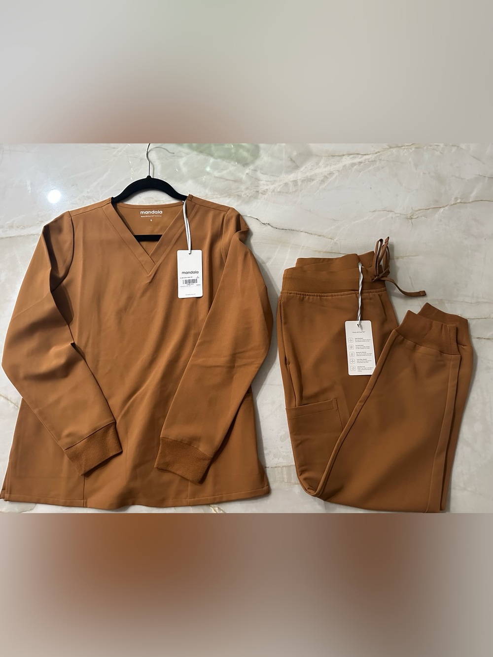Mandala Women's V-Neck Top and Jogger Set in Caramel Brown